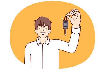 Happy man showing off car keys after getting loan or leasing to buy new car. Guy selling automobile dealership with smile recommends purchasing new auto model in good configuration at bargain price