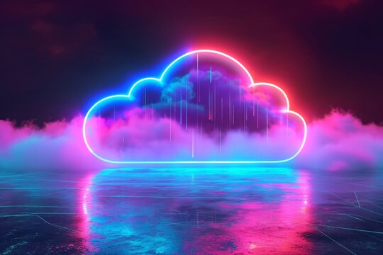 A cloud illuminated by neon lights floats gracefully in the sky, creating a striking visual display, A neon representation of data transfer from NAS to cloud, AI Generated