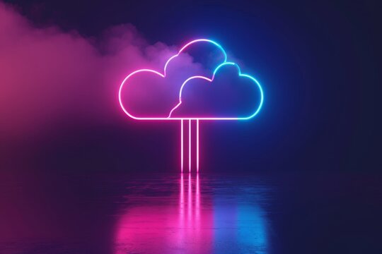 A neon cloud illuminating a dark room with its vibrant colors and captivating glow, A neon representation of data transfer from NAS to cloud, AI Generated - Powered by Adobe