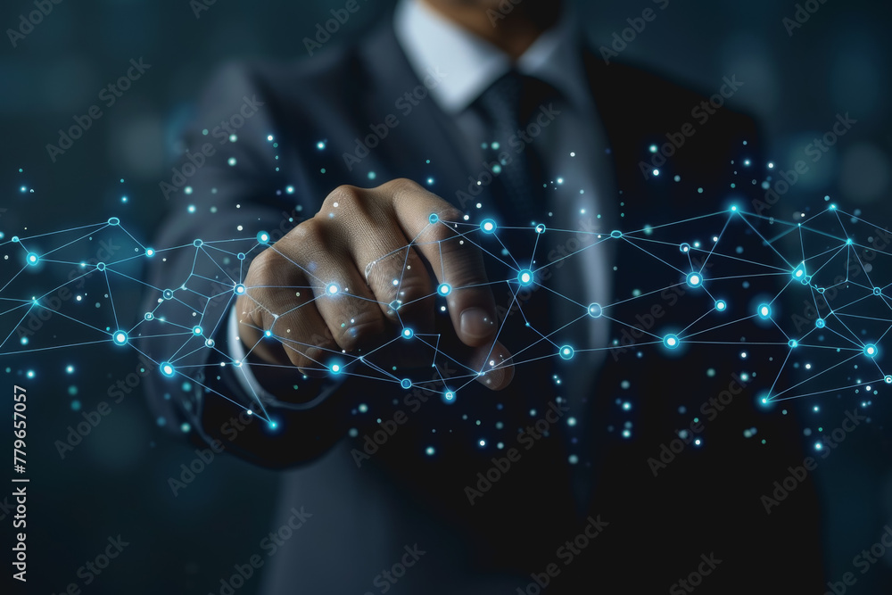 Poster Man hand touching Global Internet connection. Financial and Digital link tech big data.