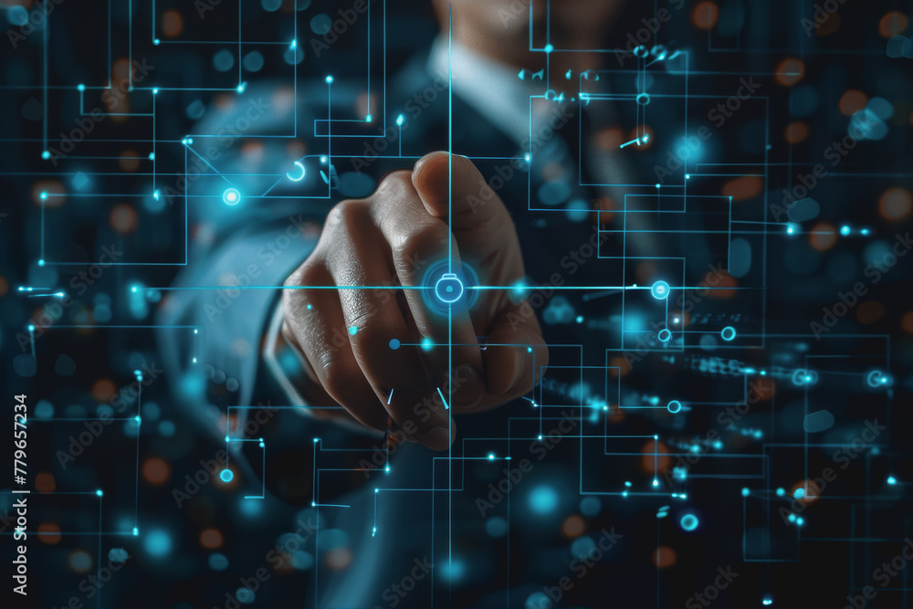 Poster man hand touching global internet connection. financial and digital link tech big data.