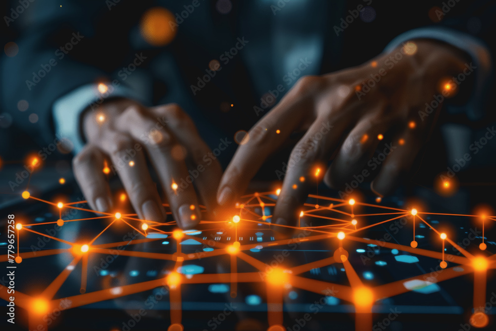 Poster man hand touching global internet connection. financial and digital link tech big data.
