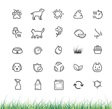 Set icons for urine odor eliminator, remover. The outline icons are well scalable and editable. Contrasting vector elements are good for different backgrounds. EPS10.