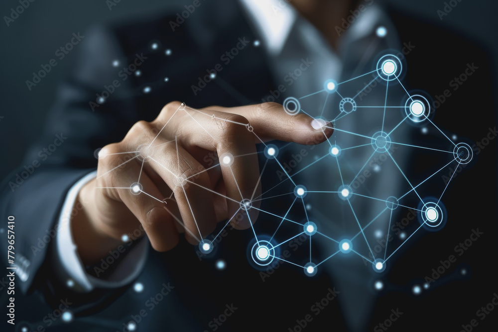 Poster man hand touching global internet connection. financial and digital link tech big data.