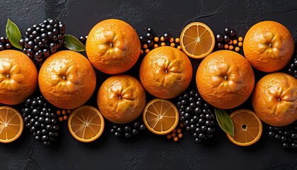 Orange branches with fruits seamless pattern on dark background. 