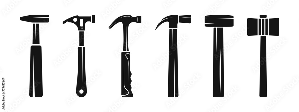 Poster hammers icon set. hammer vector tool. workshop instrument collection.