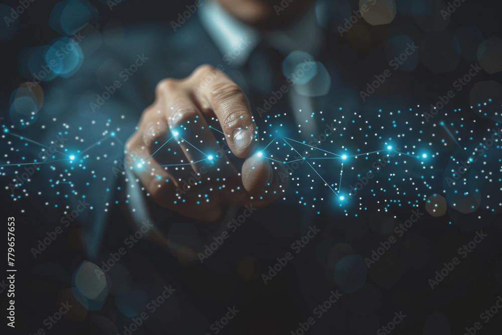 Aufkleber man hand touching global internet connection. financial and digital link tech big data.