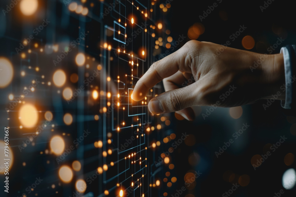 Poster Man hand touching Global Internet connection. Financial and Digital link tech big data.