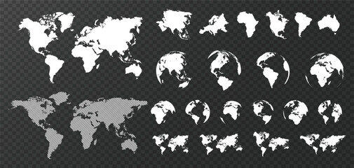 Planet Earth continents vector set. Globe flat silhouette. World map collection.
