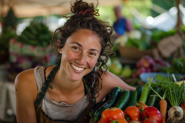 A young saleswoman sells fruits and vegetables at a local market. She sells local and seasonal products. Sustainable urban market.