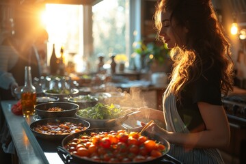 A rustic home cooking scene with steaming dishes and a blurred woman in a sunlit kitchen, exuding...