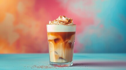 Iced caramel macchiato, coffee with whipped cream and caramel syrup in glass on pastel colorful background, copy space, frappe - obrazy, fototapety, plakaty