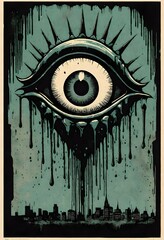 illustration of a spooky horror scary human eyes with paint drips. graffiti gig poster.