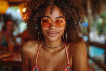 Radiant young woman with curly hair wearing sunglasses smiling in a tropical cafe setting - obrazy, fototapety, plakaty