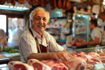 A middle-aged butcher smiling in his butcher shop. Business, food and employment.