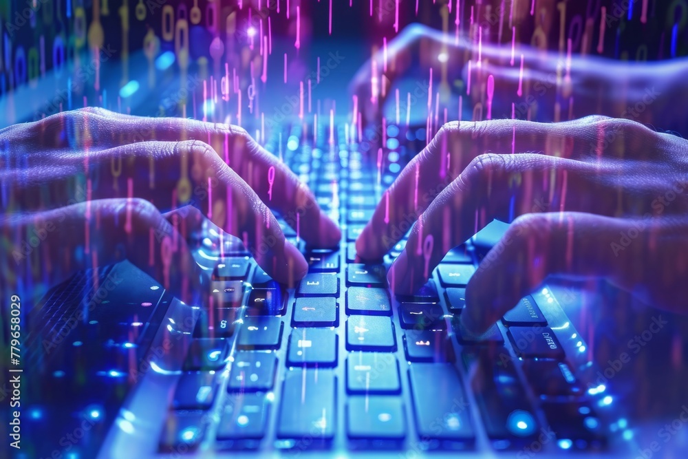 Poster a close-up photo of two hands skillfully typing on the keys of a laptop keyboard, a pair of hands ty