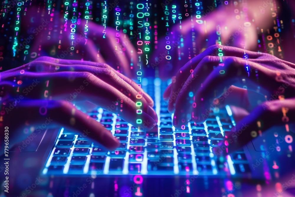 Poster a close-up photo of two hands typing on a laptop keyboard, with fingers moving swiftly and accuratel