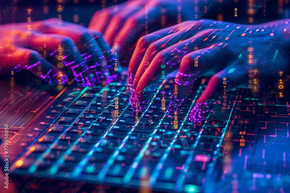 Poster a person focused on typing on a computer keyboard, engaged in work or communication, a pair of hands