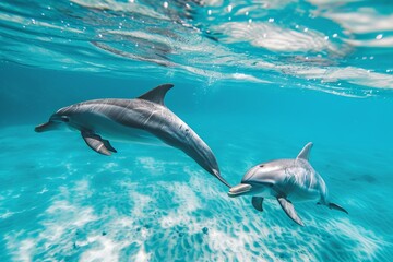 A couple of dolphins gracefully swim in the vast ocean, A pair of dolphins swimming in clear blue ocean water, AI Generated