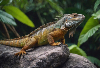 iguana on a branch in green grass
