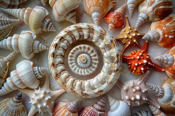 A collection of seashells and a spiral shell in the center