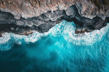 Aerial View of the Ocean From Above, A panoramic aerial capture of a blue ocean and a rugged cliff, AI Generated