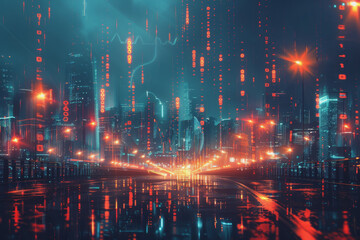 Financial chart graph shining in the city with business and blurred night scene in the background.