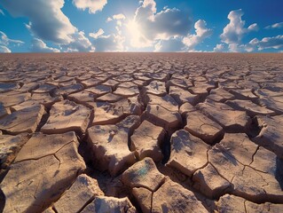 A barren, dry desert landscape with a sun shining brightly in the sky. The sun is the main focus of the image, illuminating the cracked and dry ground. The desolate scene conveys a sense of emptiness - obrazy, fototapety, plakaty