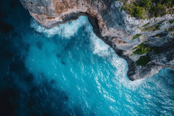 This photo captures an aerial perspective of the expansive ocean meeting tall cliffs in a...