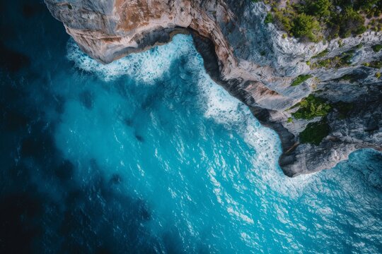 This photo captures an aerial perspective of the expansive ocean meeting tall cliffs in a breathtaking landscape, A panoramic aerial capture of a blue ocean and a rugged cliff, AI Generated