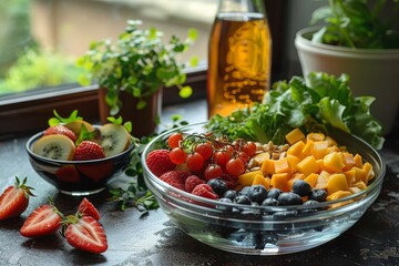 Nutritious and vivid bowl of mixed fruits with a bottle of juice, conveying a concept of healthy eating and lifestyle