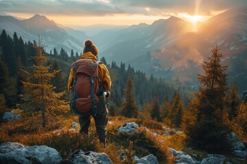 A lone adventurer stands on a rocky hill, looking out at a sunrise over majestic mountains and pine forests - Powered by Adobe