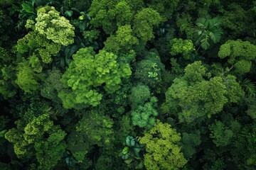 This photo captures the beauty of a vibrant forest, filled with an abundance of green trees, A panoramic birds-eye view of lush green forests, AI Generated
