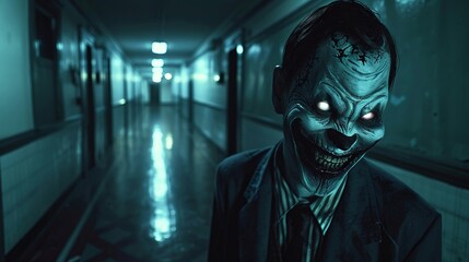 A haunted school principal with a sinister smile and glowing eyes, lurking in the shadows of the empty hallways , Prime Lenses - obrazy, fototapety, plakaty