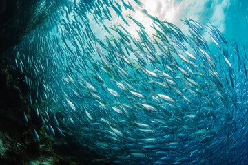Fototapeta na wymiar A massive congregation of fish swim together in the vast expanse of the ocean, A panoramic underwater view of a bustling anchovy school, AI Generated