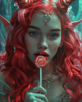 An alluring djinni with a cascade of candy apple red hair, their lips wrapped around a lollipop as they gaze out at the world with a knowing smile , professional color grading