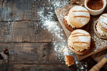 Top view of Argentinian alfajores on wood table with dulce de leche and sugar copy space - obrazy, fototapety, plakaty