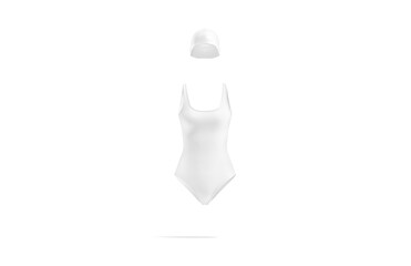 Blank white one-piece swimsuit with swim cap mockuo, front view