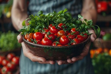 A farmer proudly presents a bowl full of vibrant cherry tomatoes, highlighting the beauty of organic farming and fresh produce - Powered by Adobe