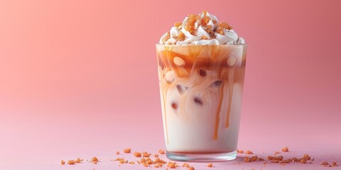 Iced caramel latte, macchiato, coffee with whipped cream and caramel syrup in glass with ice cubes on pastel pink background, copy space - obrazy, fototapety, plakaty