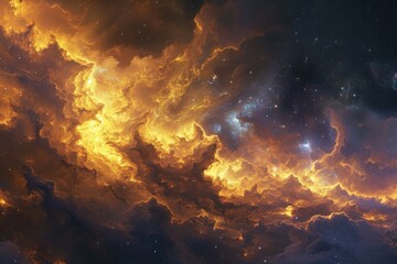 A vibrant sky adorned with clouds and stars create a mesmerizing celestial spectacle, A panoramic view of cosmic cloud displaying warm and cool tones, AI Generated