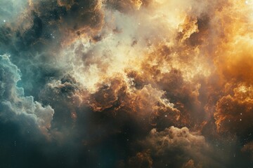 Fototapeta na wymiar The sky is filled with clouds and stars, creating a breathtaking celestial panorama, A panoramic view of cosmic cloud displaying warm and cool tones, AI Generated