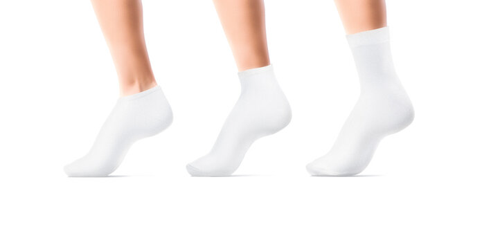 Blank white long, low cut, ancle socks on leg mockup