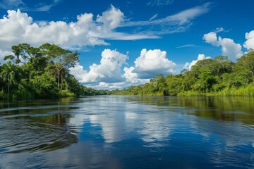 Obraz premium A photo showcasing a serene body of water encircled by a dense forest and a cloudy sky, A panoramic view of the Amazon rainforest, AI Generated