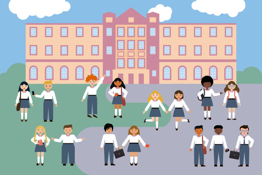 Young multiracial students walking in front of university flat vector illustration. Group of students flat composition with university, college, school building on background vector illustration