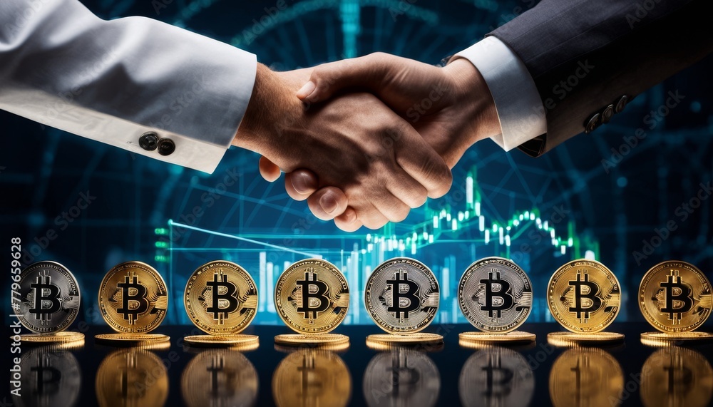 Poster two professionals in a symbolic handshake over a series of bitcoin, representing a strong partnershi