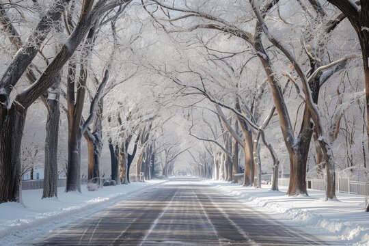 A photograph of a street covered in snow and flanked by trees and a fence, A park avenue canopied by glistening ice-covered tree branches, AI Generated