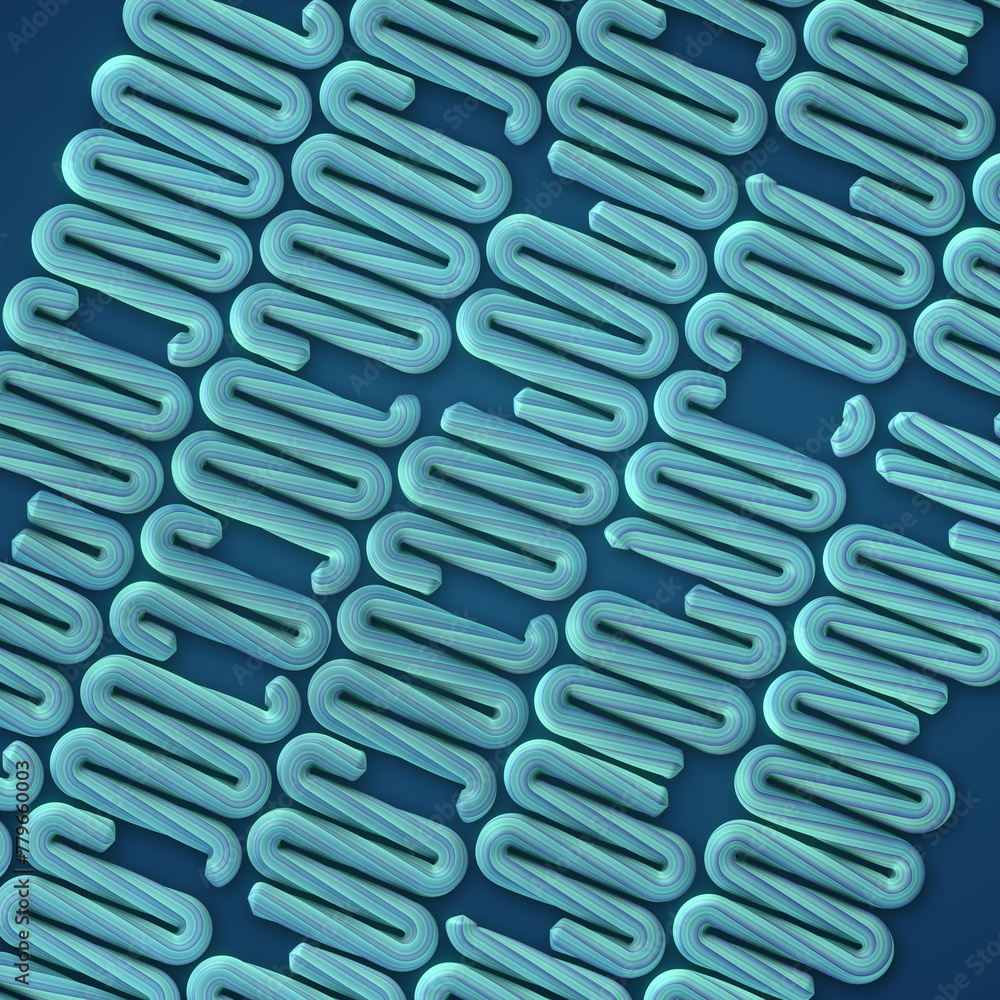 Poster light blue wavy pattern on dark background, resembling stylized letter s or snake-like shape. 3d ren
