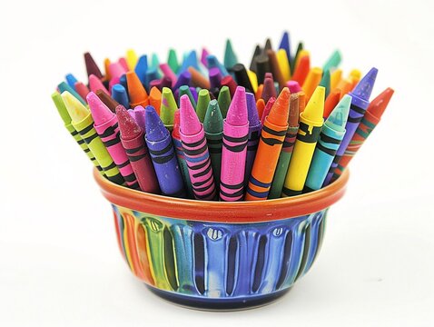 Crayons in a cup, colorful array, white backdrop, cheerful and organized