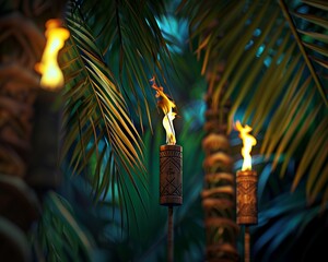 Tropical luau party wallpaper, palm leaves and tiki torches, warm and exotic ambiance  - obrazy, fototapety, plakaty